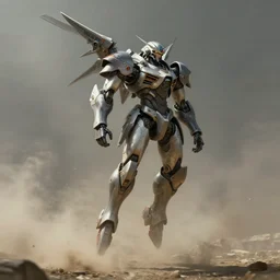 full body concept art of a mech space samurai with jet pack and thin mech wings, hovers above ground, dust swirls under him, realistic, cinematic, atmospheric, sci - fi movie character, cctane render, by moebius, alphonse mucha, roger deakins, masamune shirow