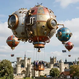 large colorful futuristic space age metallic steampunk steam - powered balloons with pipework and electrical wiring around the outside, and people on rope swings underneath, flying high over the beautiful medieval london city landscape, professional photography, 8 0 mm telephoto lens, realistic, detailed, photorealistic, photojournalism