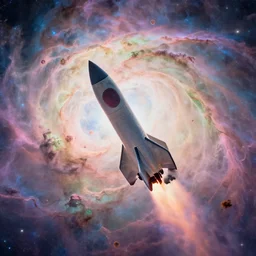 rocket ship flying over huge and colorful nebula, pastels