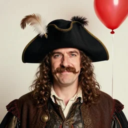 A centered portrait of a smug drunken human bard with a curly mustache and a large musketeer hat with a feather by craig mullins, HD, broad shoulders::small red balloon in right upper corner