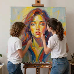 two Artificial Intelligence fighting for creating the most impressive art painting on a canvas, colourful, brushes, oil painting, digital art, trending on artstation