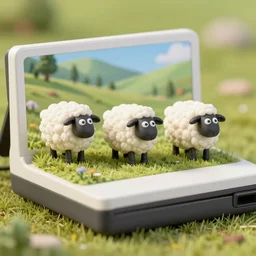 three cute human like sheeps + furry, walking on a polaroid camera model, micro - landscape, comic paint, highly details, 4 k,
