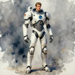 male, full body, modern space suit, very stylized character design, large shoulders, short torso, long thin legs, tiny feet, science fiction, hyperdetailed, technical suit, shoulderpads, watercolor digital painting, in style of mike mignola, by alex maleev, jean giraud, painted by leyendecker