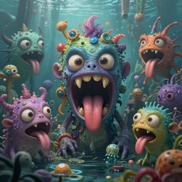 intricate colourful murky with strange cute friendly angry crazy creatures with huge beauty!!! eyes long tongue triangle teeth and scary face appearing from the water, in the style of craola, shallow depth of field, highly detailed, digital painting, trending artstation, concept art, illustration, cinematic lighting, vibrant colors, photorealism, epic, octane render