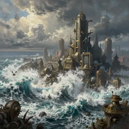 tsunami wave crashing into steampunk city skyline, aerial view, cinematic wide shot, very detailed, realistic painting