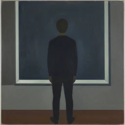 A painting of person standing in front of a window, abstract painting in the style of Sophie Taeuber-Arp and Gary Hume and Tatsuro Kiuchi, flat colour-block style, geometric abstraction, dark colours