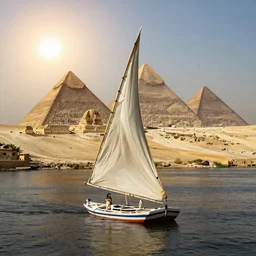 Sailing toward the sun on a raft along the ancient River Nile, in ancient Egypt with Egyptian gods and pyramids of giza in the background