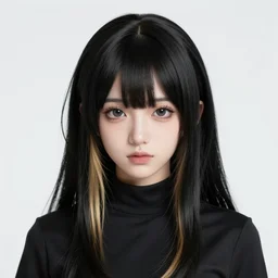 headshot of a young gothic anime woman with black hair and golden highlights, wearing a black necklace and with pretty makeup, drawn by WLOP, by Avetetsuya Studios, anime drawing, trending on artstation