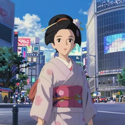 geisha in front of shibuya. cyberpunk. beautiful blue sky. gorgeous epic nature, lofi, vivid colors, amazing light, by goseki kojima, heavily inspired by makoto shinkai, inspired by ghibli, masterpiece, multiple brush strokes, impressionist style