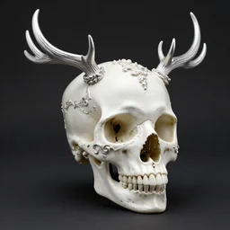 a portrait of a beautiful ornate and intricate rococo skull with antlers and silver and gold details and diamonds inside a rococo frame, 4k, octane render, vray, unreal engine, photorealistic