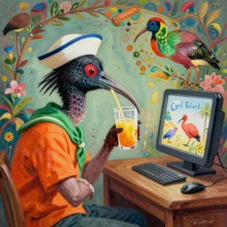 a beautiful painting of an ibis in a sailor hat, wearing an orange and green shirt, drinks juice, and watches tv, inspired by cyril rolando, david wiesner, ornate, intricate, microdetails, octane render, volumetric lighting, hypermaximalist