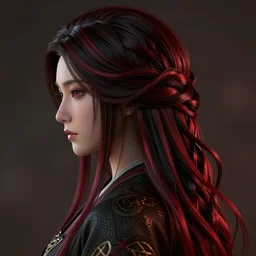 asian woman long intrincated hair, hyper detailed, red highlights, masterpiece, ornate dark, suehiro moaruo, katsuhiro otomo, shintaro kago, cgsociety, octane render, ambient light