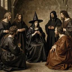 the spanish inquisition gather round a witch, detailed, cinematic, rembrant