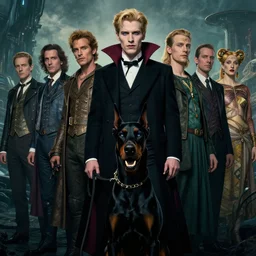 realistic detailed portrait movie shot of an elegant blond male vampire a barking doberman on a leash, sci fi landscape background by denis villeneuve, amano, yves tanguy, alphonse mucha, max ernst, roger dean, masterpiece, rich cold moody colours, dog teeth, blue eyes