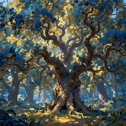 hq beautiful digital matte painting detailed forest of blue and gold twisting fantasy oak trees in the summer sunshine, tyler smith 8 k resolution trending on artstation