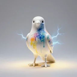 realistic photo of a a white resin latex bird covered in electric watercolor drips, front view, empty soft glowing space, emitting electric tesla aura radiation 1 9 6 0, life magazine photo, natural colors, metropolitan museum, kodak, 8 k, very detailed, high resolution, product photo,