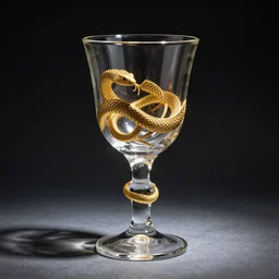 the ophidian glass, ancient snake goblet, gold inlayys, clear crystal glass artifact photography
