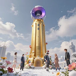 scrumptious golden tower with dyson sphere on the top, blumps in the sky, snow scene, by wenjun lin, by artem chebokha, by alena aenami, by ian llanas, 4 k, cyber punk style, flowers, snow