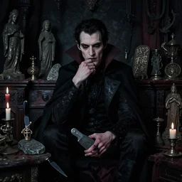 dark night portrait f / 1. 4 of a thin neurotic forty two year old british man vampire feeling confidant in a cluttered room full of ancient ( bald ) artifacts dark dusty statues runes magical arcane instruments candlesticks ritual stone knife drapery bloody atmospheric hdr