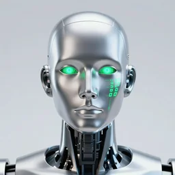 front shot, head of a silver metallic shiny male humanoid robot, face has a tattoo of green glowing digital circuits, wearing a huge glowing blue and golden metallic maya sparkling diadem with blue cables and shiny metallic gears, white background, studio lighting, - c 1 3 - w 1 0 2 4 - h 1 0 2 4 - n 4 - s 1 5 0