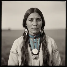 an analog 120mm film portrait of a Comanche woman, 1860, cinematic, long hair, glass plate photography, hq, detailed, realistic