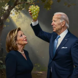 a painting of joe biden throwing grapes at nancy pelosi