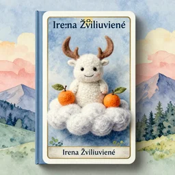 A watercolor art of Mumintroll in shape of wool felting clouds with orange fruits, illustration by Irena Žviliuvienė, book cover, colorful background with mountains, 4k resolution, ultra detailed, matte painting, tarot card style, character design