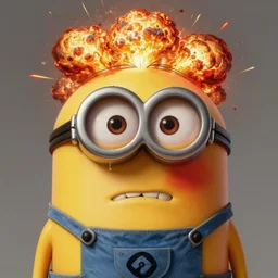 an epic painting minion, red really angry face with nuclear explosion out of his head, perfect composition, golden ratio, beautiful detailed, photorealistic, digital painting, concept art, smooth, sharp focus, illustration, artstation trending, octane render, unreal engine