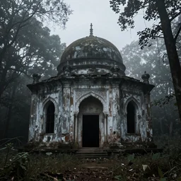 abandoned Islamic temple in the woods, dark, moody, foggy by Ian McQue and Andreas Rocha