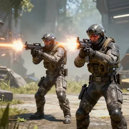 two futuristic soldiers firing away from the camera, eye catching composition, realistic, arachnophobia, unreal engine 5, global illumination, detailed environment, bright colours, cinematic, atmosphere, 4 k