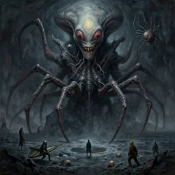 otherworldly massive alien god rising over a grim obsidian landscape, painting by donato giancola, john berkey, edvard munch, dore, thomas moran, jackson pollock, terror infinite eyes horror shark spider tentacle insect alien madness and insanity