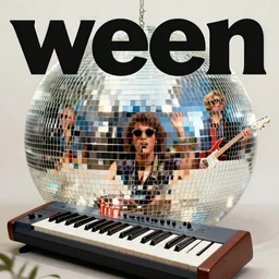 groovy late 1 9 8 0 synthesizer band ween themed disco album cover, vintage, realistic, hyperrealistic, 8 k resolution, hd quality, very detailed, highly detailed, intricate details, real life, real world, trending on artstation, digital art, really realistic, very realistic, artistic, album cover, album, cover, remastered