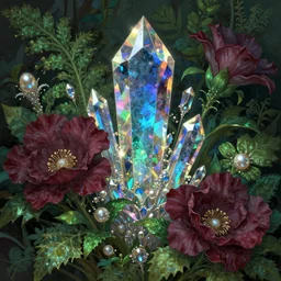 iridescent diaphanous refractive and reflective crystal crystalline pearly flora, verdant, lush, overgrown, burgundy emerald and blue topaz colors, fantasy, intricate, elegant, highly detailed, digital painting, artstation, concept art, matte, sharp focus, illustration, hearthstone, art by artgerm and greg rutkowski and alphonse mucha