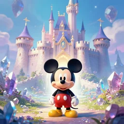 an enchanted tiny mickey mouse standing at the foot of a mystical isekai castle. crystal ore mines. hyper kawaii cute. by greg rutkowski, in the style of a grand adventure, extremely artistic
