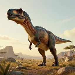 hyper realistic highly detailed nature photography of a dinosaur, prehistoric planet, volumetric lighting, octane render, 4 k resolution, golden hour