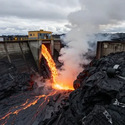 a dam holding back molten lava