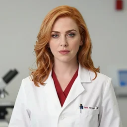 christina hendricks as a confident scientist, wearing a labcoat, intricate, red white and black color scheme, illustration by krenz cushart, alphonse mucha, artgerm, trending on artstation