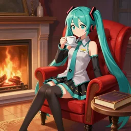 highly detailed illustration of hatsune miku at a fireplace, sipping coffee, on a red armchair, next to a table with a thick old book on it