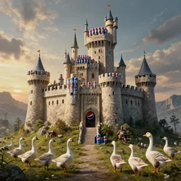 castle made out of Pepsi cans guarded by geese, Game of Thrones, volumetric lighting, fantasy artwork, very beautiful scenery, very realistic painting effect, hd, hdr, cinematic 4k wallpaper, 8k, ultra detailed, high resolution, artstation