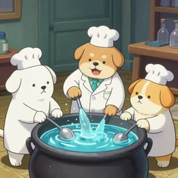 dog scientists stirring a batch of used bongwater in a cauldron, 4 k ultra realistic character 8 k artstation trending cute funny comedy scene artgerm league of legends in the style of riot games by noriyoshi ohrai