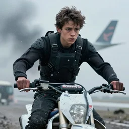 cinestill 5 0 d candid photographic portrait by helen levitt of a mixed teen wearing rugged black mesh techwear riding on a dirtbike through an airport under siege, extreme closeup, modern cyberpunk moody emotional cinematic, snow storm, 8 k, hd, high resolution, 3 5 mm, f / 3 2, ultra realistic faces, ex machina