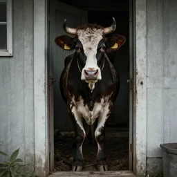 creepy picture of disfigured cow standing at the front door