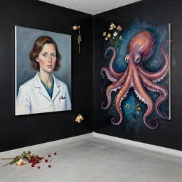 empty room with black walls, a portrait of a female pathologist, octopus, mural, wilted flowers, squashed berries, neo - expressionism, surrealism, acrylic and spray paint and oilstick on canvas
