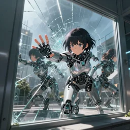 a large reflective shattering window, beautiful cyborg - girl punching into window, reflections, reflective, mirror reflection, refractions on lens, full round face, biomechanical details, cyberpunk anime art, full body shot, lens flare, wlop, ilya kuvshinov, artgerm, krenz cushart, greg rutkowski