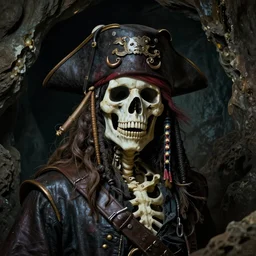 photo of a skeletal pirate ghost portrait in a grotto, photorealistic, dark, atmospheric lighting, painted, intricate, ultra detailed, well composed, best on artstation, cgsociety, epic, stunning, gorgeous, intricate detail, wow, masterpiece