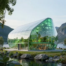 hyper realistic, facade with transparent tent architecture, community house, earth station, parametric architecture, green, glass, future design, architecture design, environment, norwegian costline, cinematography, mega scans, cinematic, hyper realistic, photo real, cinematic composition, highly detailed, vray, 8 k render