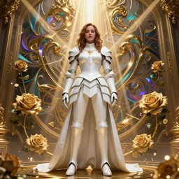 perfectly - centered!! looking at the camera!!! low - angle!! full body portrait of christina hendricks as a high resolution anime girl dressed in white armor, clothed, godrays, golden, baroque style, roses, intricate abstract upper body intricate artwork, by tooth wu, wlop, beeple, dan mumford. concept art, octane render, deviantart, greg rutkowski, cinematic arthouse, key art, hyper realism, iridescent accents