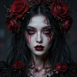single faced portrait of enchanting femenine witch, hyper attractive, seductive, very complex, hyper - maximalist, overdetailed, legendary cinematic, darkfantasy, archetype with timeless beauty breathtaking eyes, highly intricate, realism, roses, perspicious detail, silent hill aesthetic, photorealistic, lifelike, dslr 8 k, unbeatable coherency, octane render