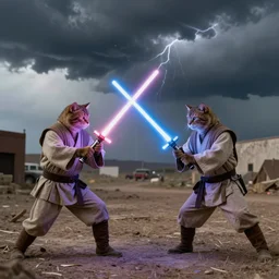 film still of jedi cats lightsaber fighting in a texas thunderstorm, 4 k