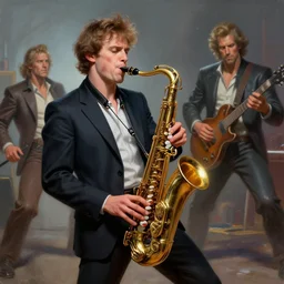 vitalik buterin shredding on an electric saxophone, painting by frank frazetta, glenn fabry and wayne barlowe, 3 d rendering by beeple, wlop, 8 k, clean